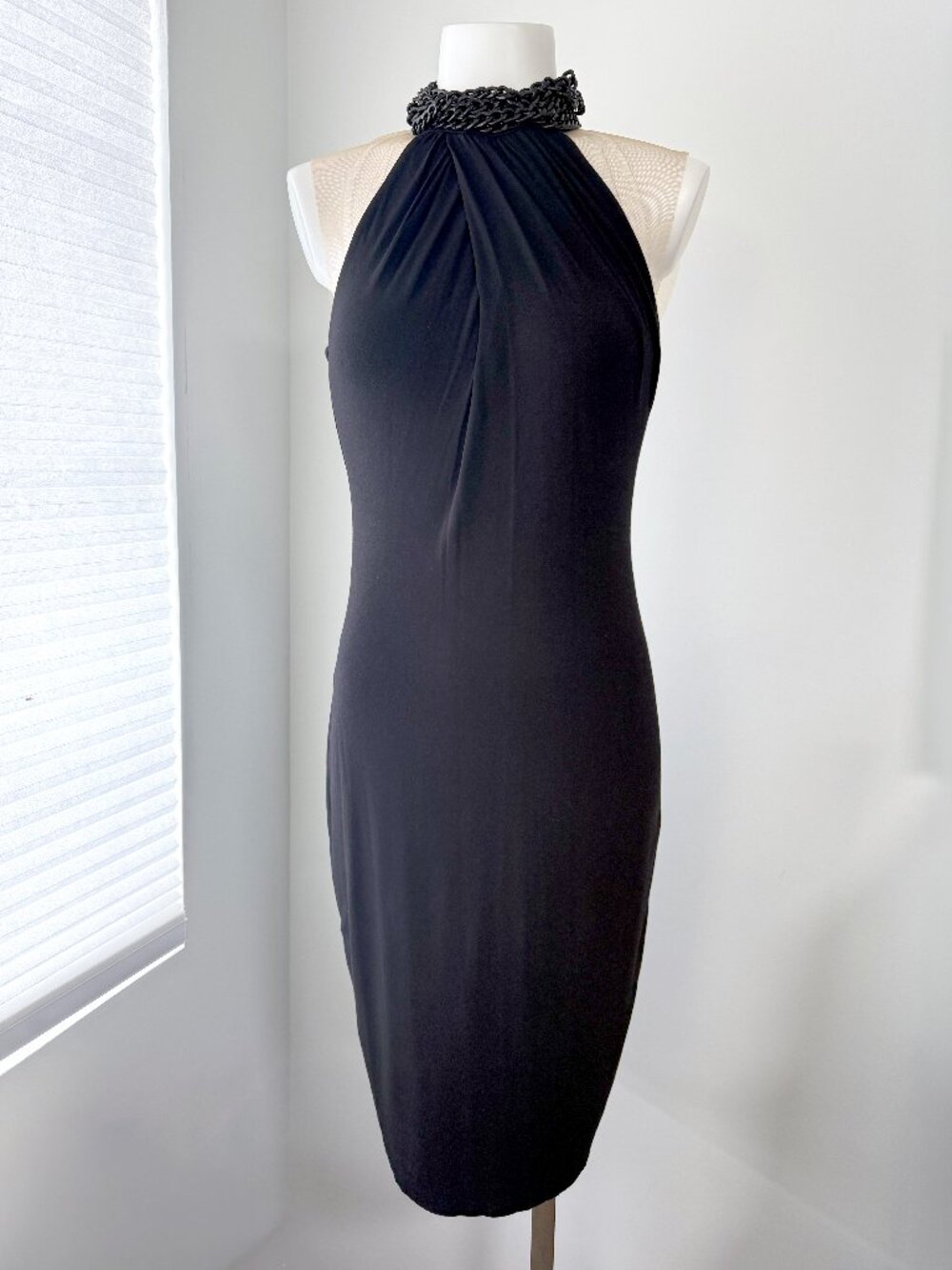 Bailey 44 Chain-link Neck Fitted Sleeveless Black BodyCon Knit Dress